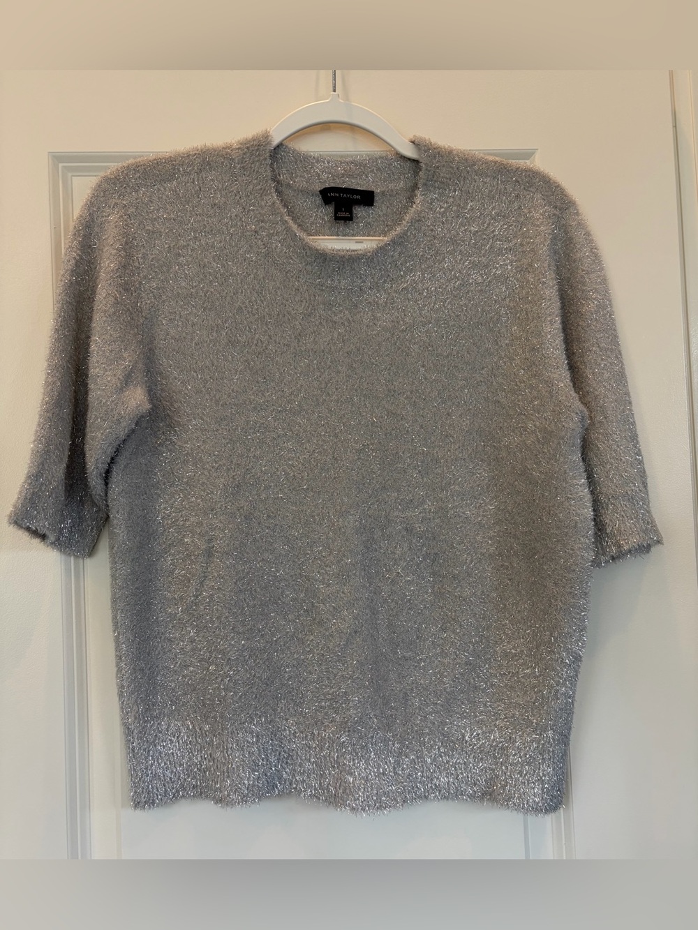 Ann Taylor Metallic Silver Short-Sleeve Fuzzy Sweater